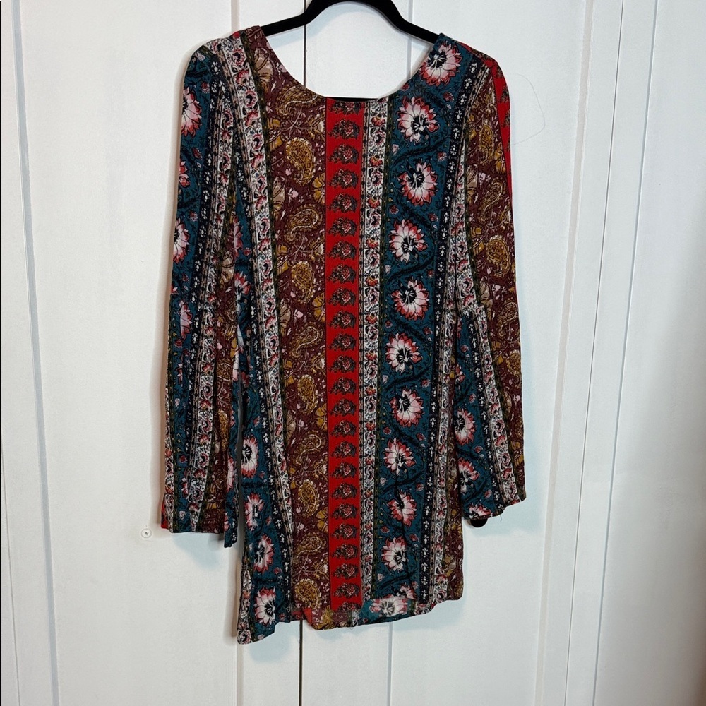 Billabong Boho Multicolor Paisley Long Sleeve Mini Dress - Medium - lace up back